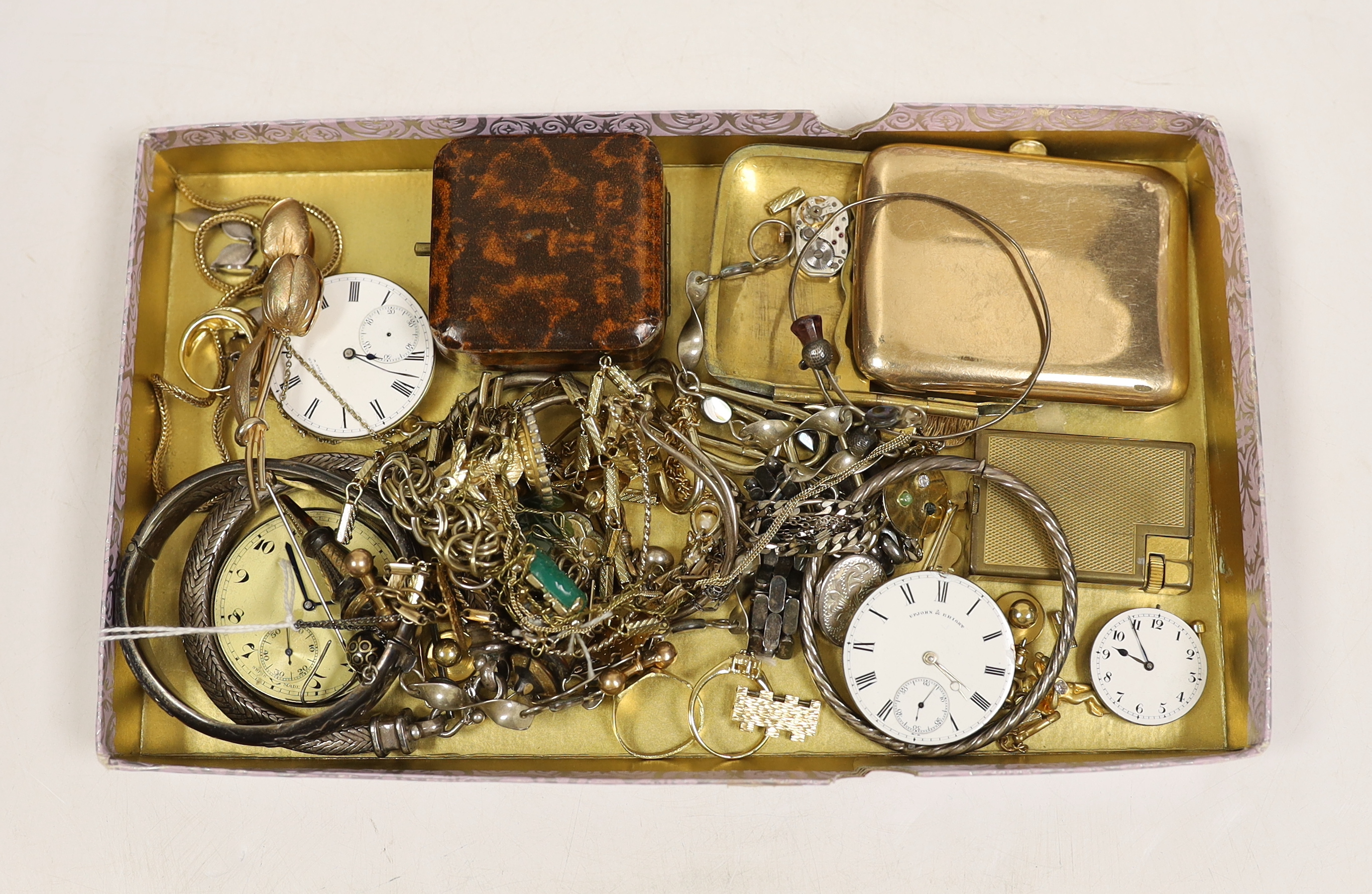 A quantity of assorted mainly costume jewellery and other items including a silver hinged bangle, pair of 925 drop earrings, 925 bracelet, pocket watch movements, etc.